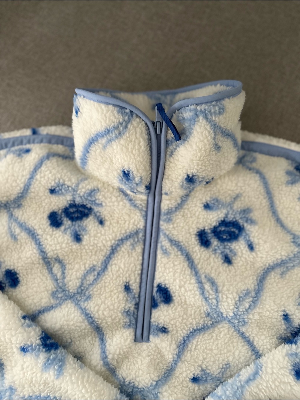 Cream and Light Blue Floral Sherpa Half-Zip Jacket- TALL - Picture 12 of 12